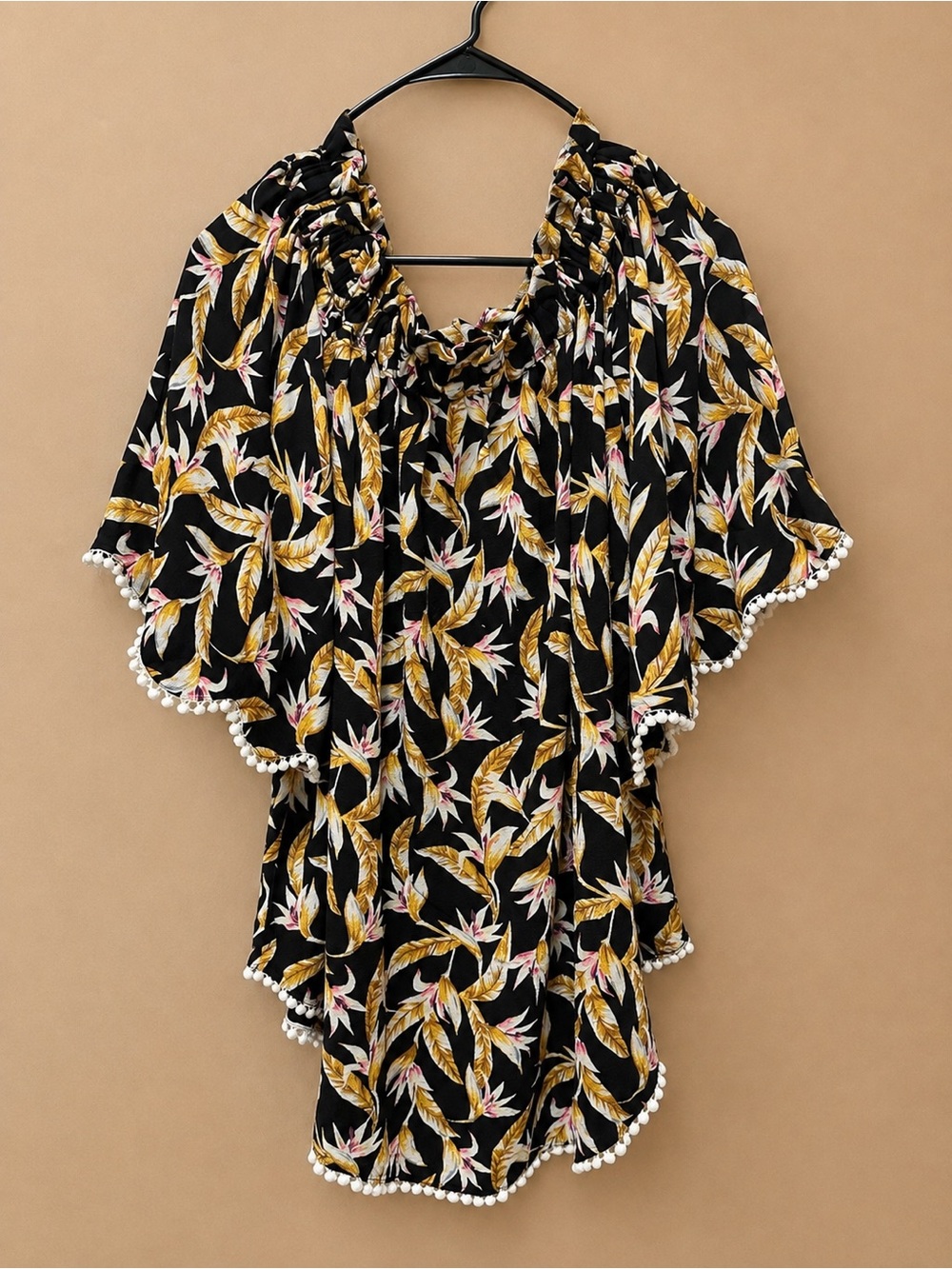 Umgee Black Floral Off-Shoulder Tunic with Pom Trim